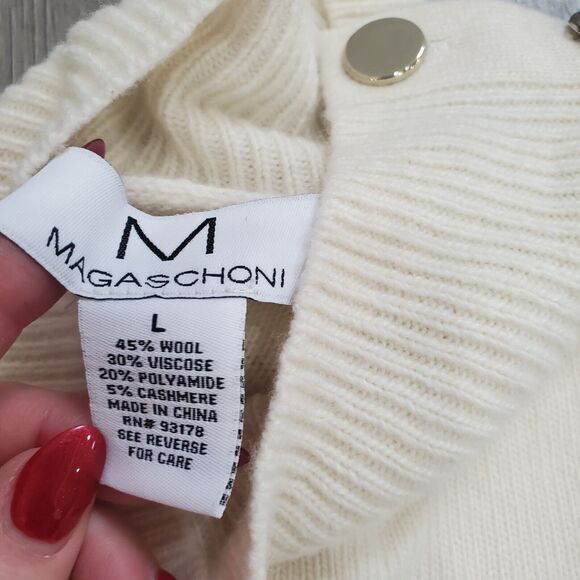 Magaschoni Sweater Women Large Cream Gray Stripe Cashmere Wool Classic Preppy - Picture 4 of 7